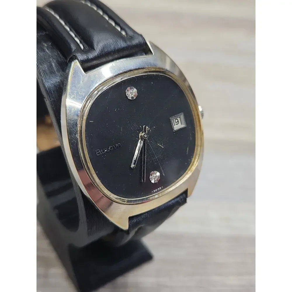 Vintage Mens Bulova Watch Black Diamond Excellency.Runs But Needs Hands Service